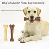 A light-colored dog is holding a brown wooden molar chew toy, with a separate tooth-shaped bone visible nearby.