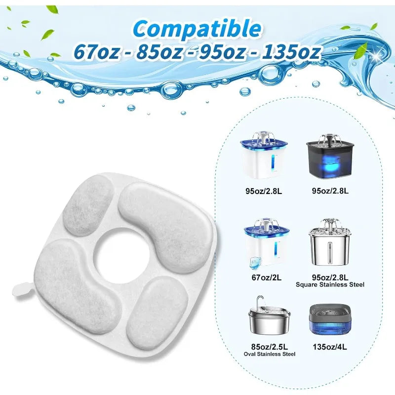 A set of silicone sponge replacement filters for a cat water fountain, shown alongside various sized stainless steel bowls.