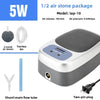 A gray oxygen pump device is shown with components including air stones, a trachea tube, and a two-pin plug.