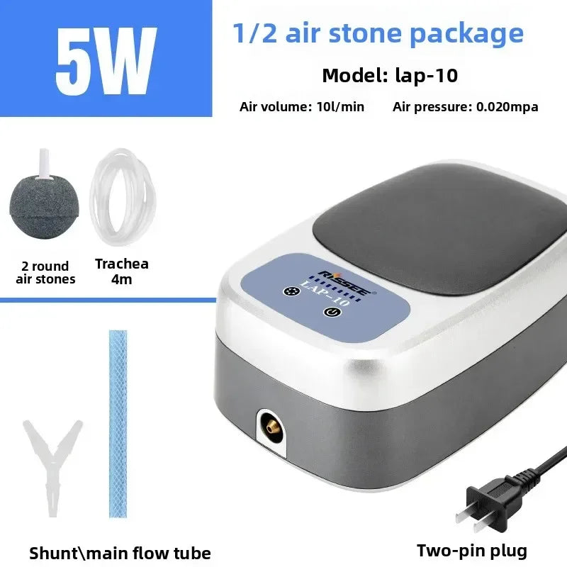 A gray oxygen pump device is shown with components including air stones, a trachea tube, and a two-pin plug.