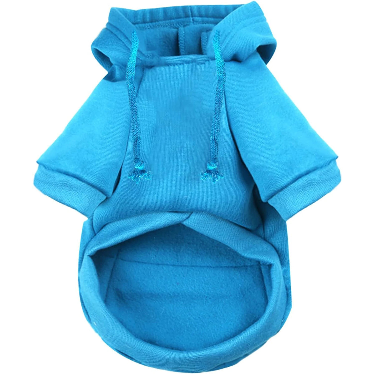 A bright blue dog and cat zippered hoodie with a hood and front knot details.