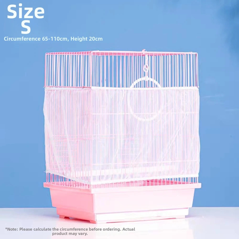 Pink bird cage with a clear mesh cover and a pink base, shown against a blue background.
