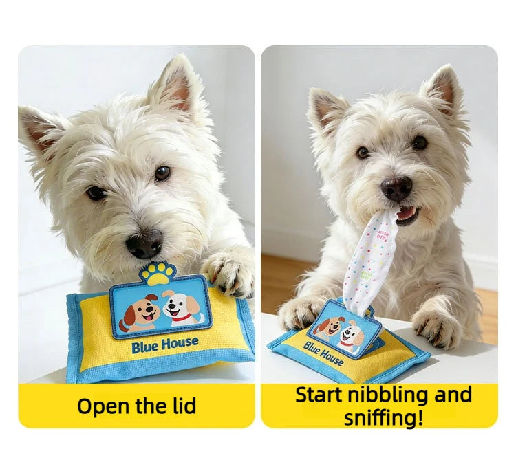 A fluffy white dog is interacting with a blue and yellow snuffle toy puzzle for dogs.