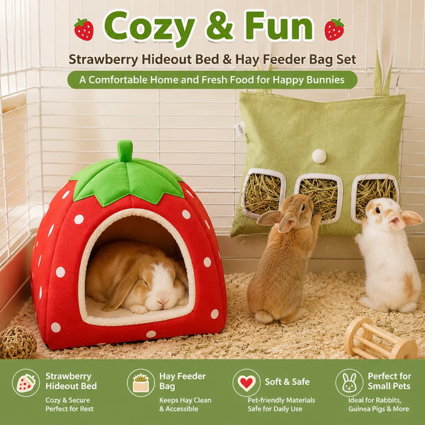 Strawberry Hideout Bed and Hay Feeder Bag Set featuring a red strawberry shaped bed and two bunnies
