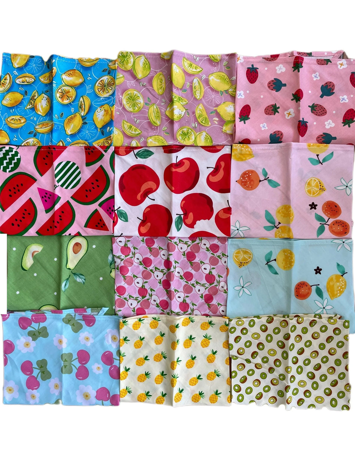 A collection of colorful cotton pet bandanas featuring various fruit and floral patterns for dogs and cats.