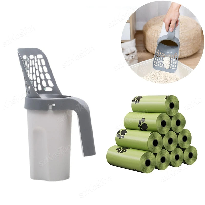 A heavy duty cat litter shovel and a stack of green litter rolls are shown with a cat in the background.