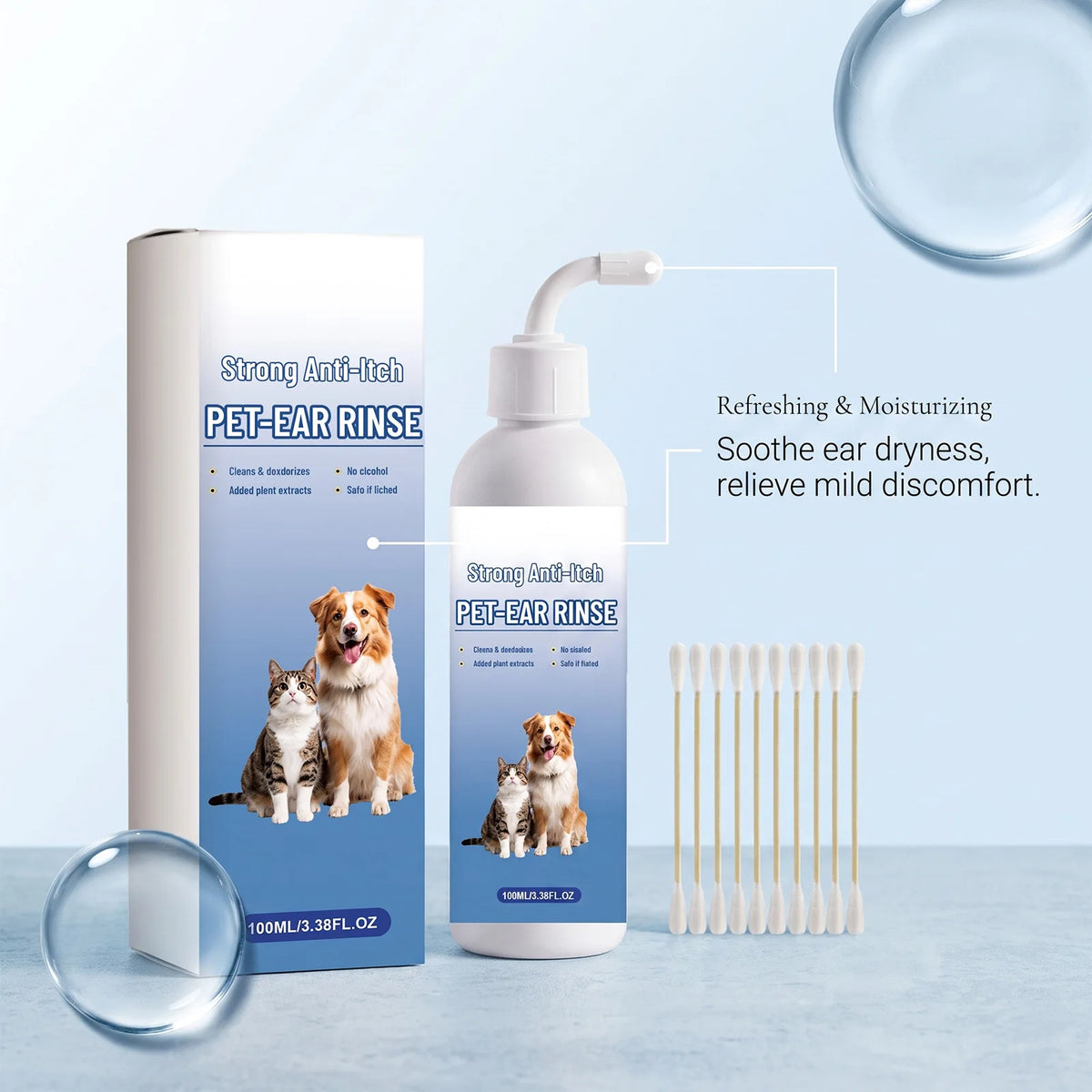 Flasche mit starkem Anti-Juckreiz-Ohrenspül für Hunde und Katzen mit Pumpspender und Ohrenreinigern.