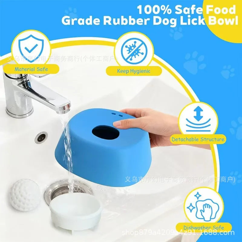 A blue silicone lick bowl is being filled with water in a kitchen sink, demonstrating its use as a safe food bowl for pets.