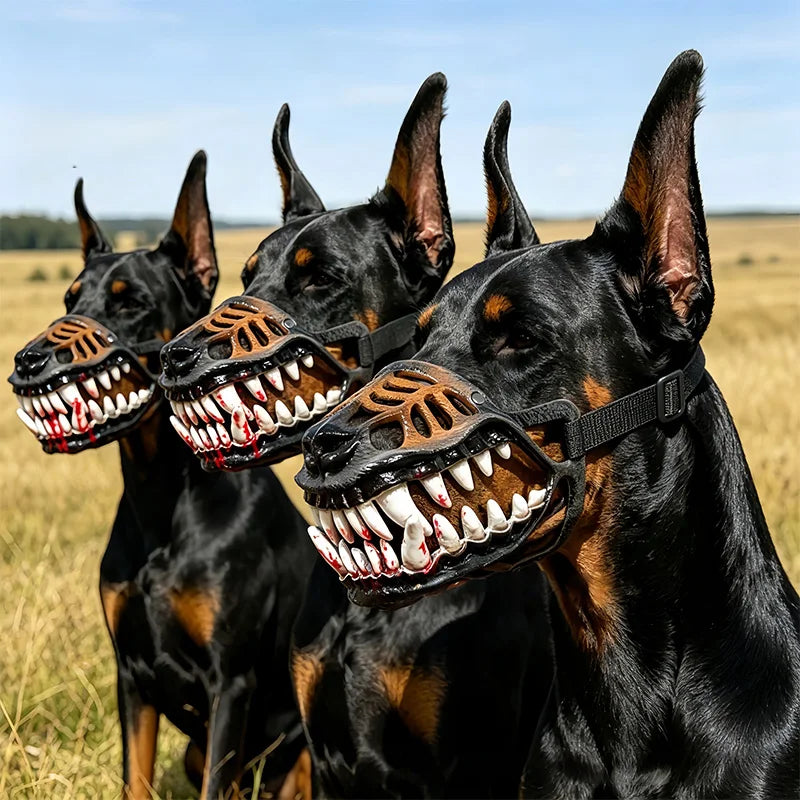 A black dog wearing a funny muzzle costume with visible teeth and gums.
