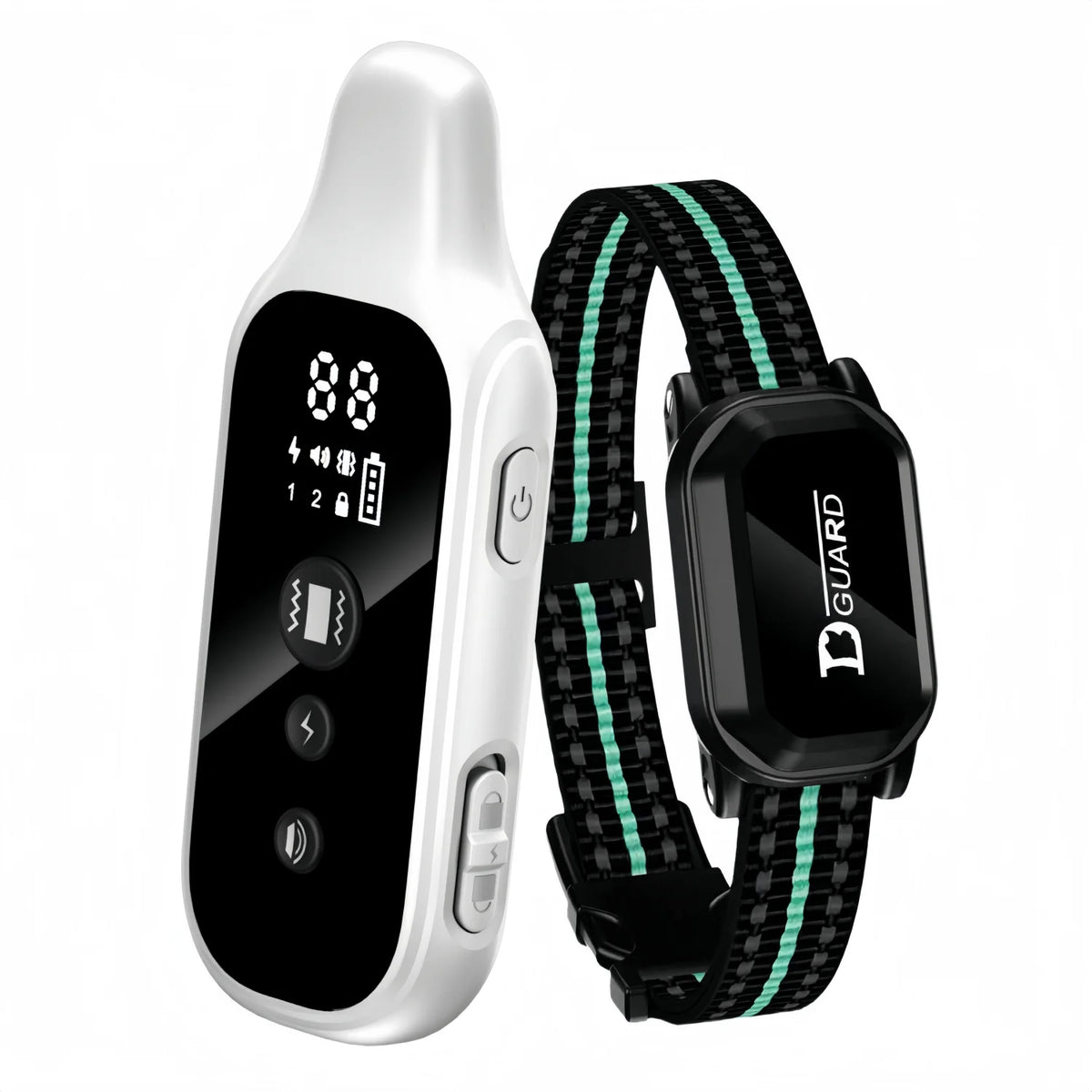 A white remote dog training collar with a black control unit and a green patterned strap.