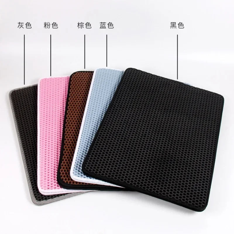 A set of black and colored double-layer cat litter mats displayed with color options labeled.