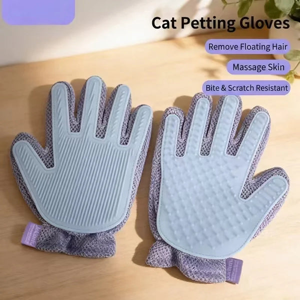 Pair of light blue cat petting gloves with textured palms and purple cuffs for pet massage