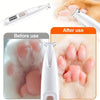Before and after images showing a pet paw trimmer used on a cat's paw.