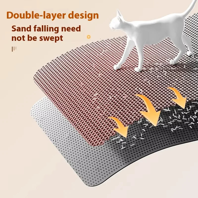 A white cat is standing on a double-layer cat litter mat, demonstrating its ability to prevent sand from being swept.