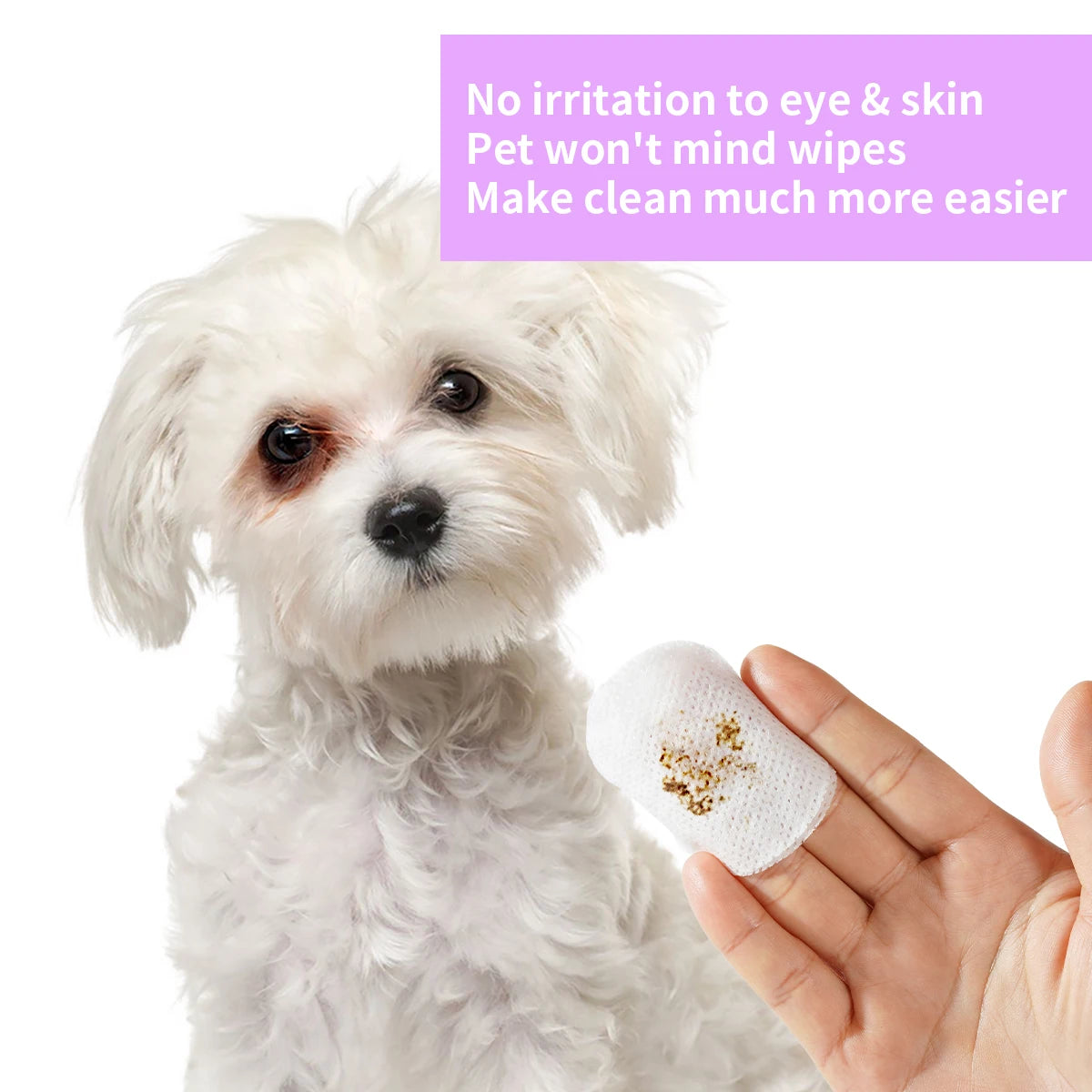 A white dog looks at a hand holding a white pet wipe for cleaning eyes and skin.
