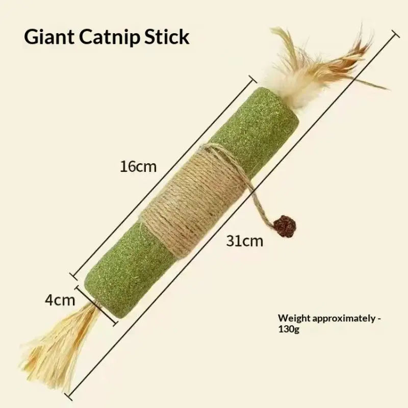 A long, cylindrical catnip stick with a green textured body and a fluffy golden tassel.