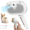 A white pet grooming steam brush spray comb is shown with a hand using it to clean a pet.