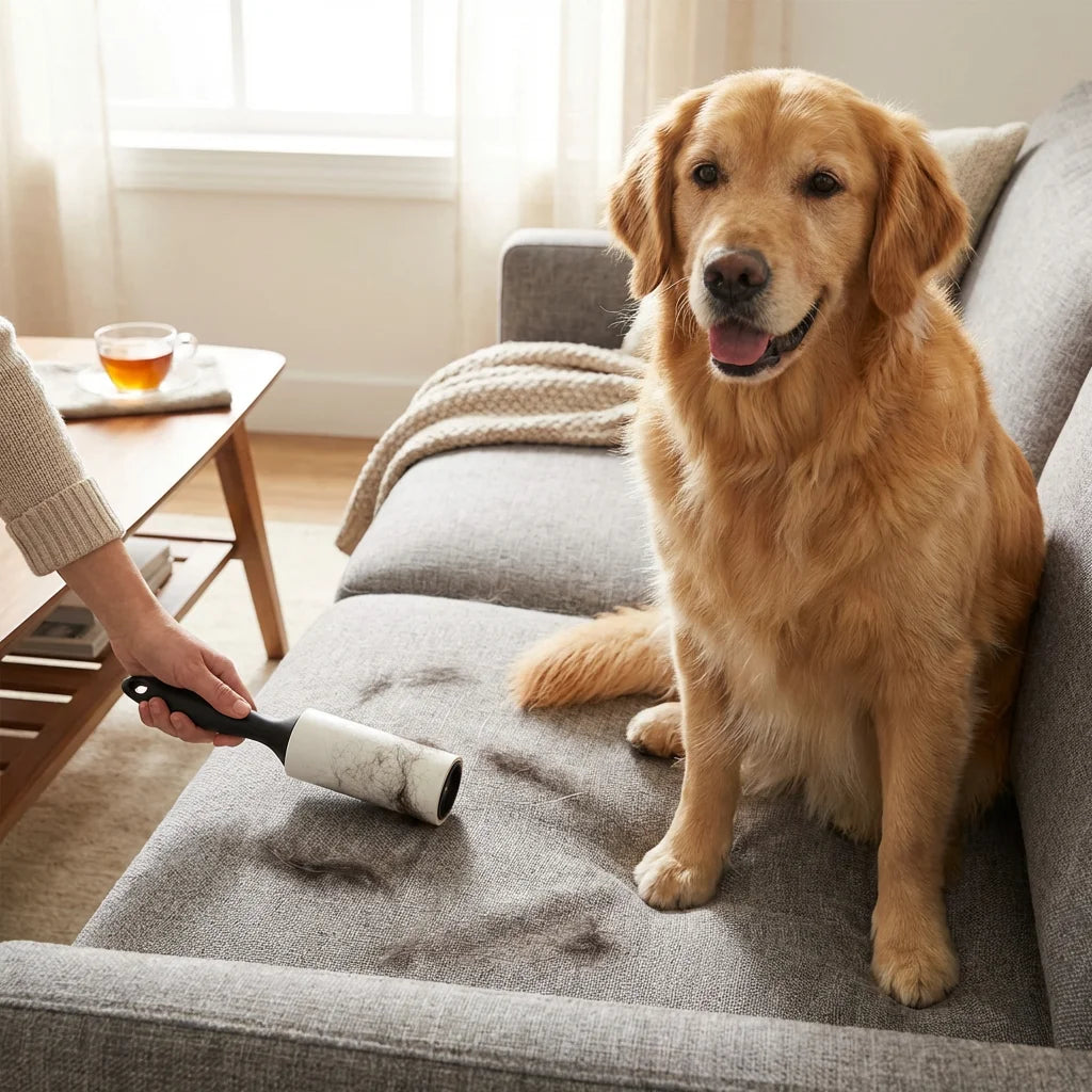 Un golden retriever está sentado en un sofá gris mientras una persona usa un rodillo anti-pelusas en el cojín.