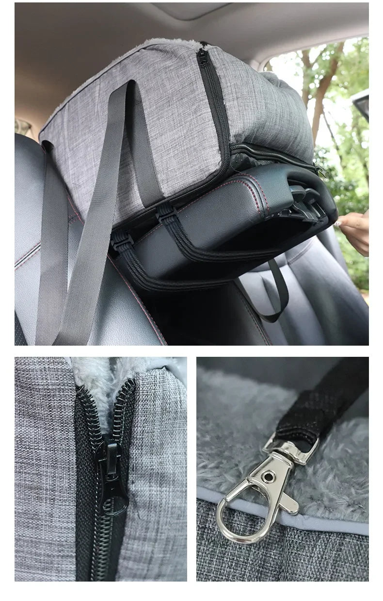 A portable pet car bed featuring a padded headrest and safety strap attached to a gray fabric seat.