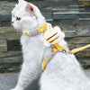 Gato blanco vistiendo un arnés de tracción para mascotas, correa con cuerda de abeja amarilla para pasear.