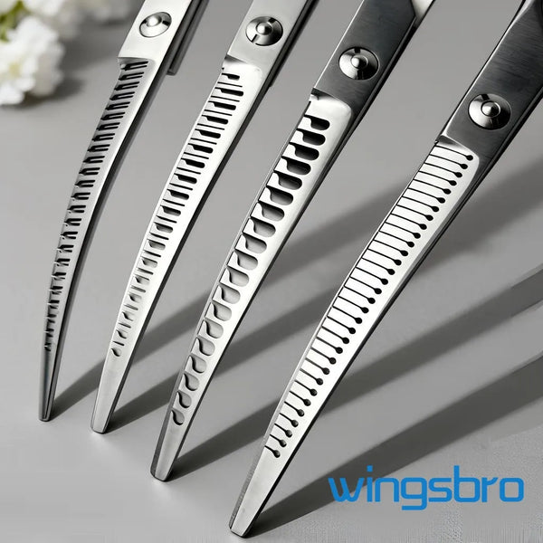 A set of silver curved pet hair trimming scissors for dogs shown against a gray background.