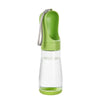A green 2-in-1 portable pet water and food dispenser bottle with a silicone strap.