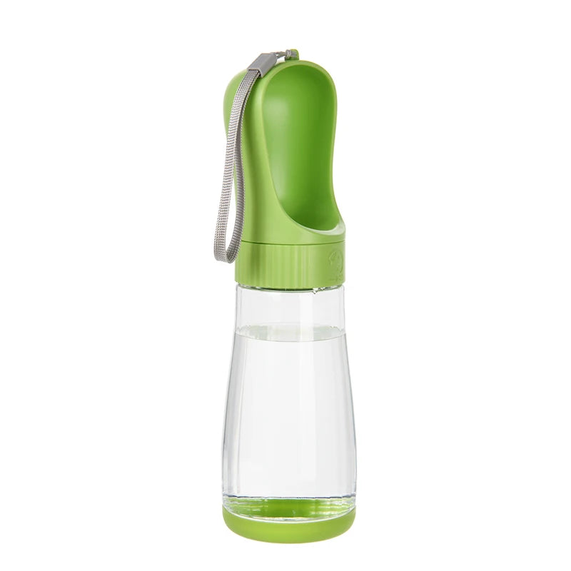 A green 2-in-1 portable pet water and food dispenser bottle with a silicone strap.