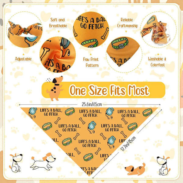 A collection of yellow dog bandanas featuring various patterns and designs for dogs and cats.