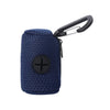 A dark blue portable mesh dog waste bag dispenser with a black clip.