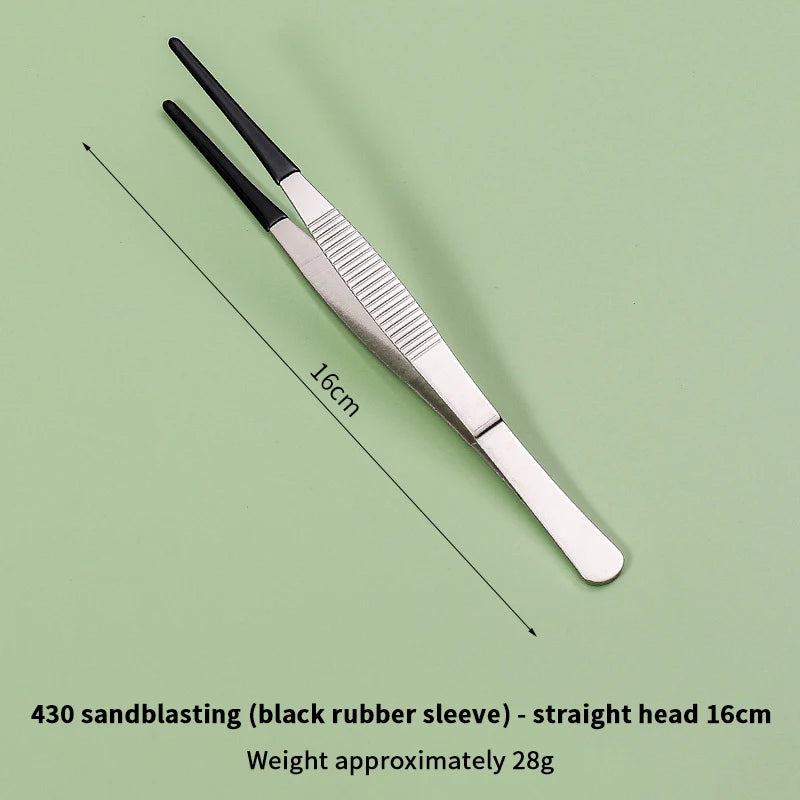 Edelstahl-Futterzangen mit schwarzem Gummihandschuh und 16 cm geradem Kopf