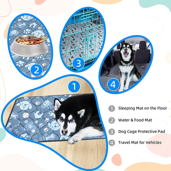 Diagram showing four uses of reusable absorbent dog pee pads: sleeping mat, water and food mat, dog cage protective pad, and 