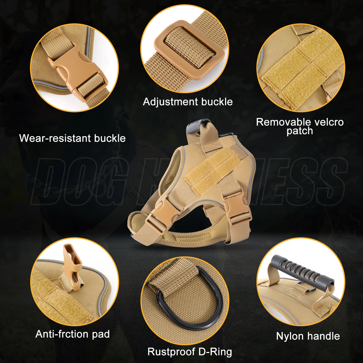 A tactical dog harness in tan color showing various features like an adjustment buckle, removable velcro patch, and nylon han