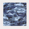 A fabric bandana featuring a blue and gray camouflage pattern.