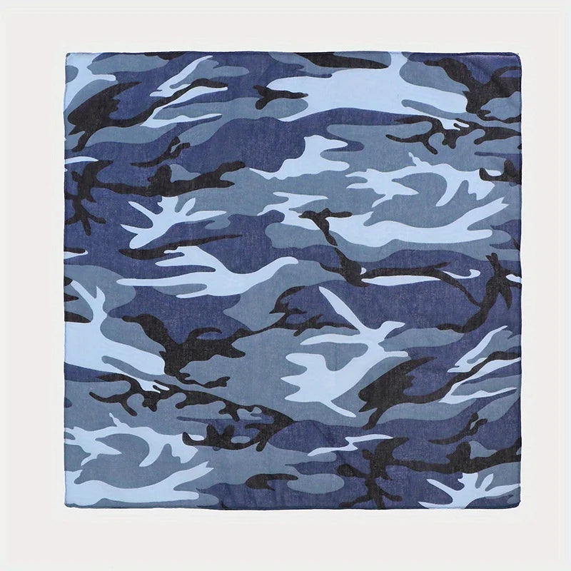 A fabric bandana featuring a blue and gray camouflage pattern.