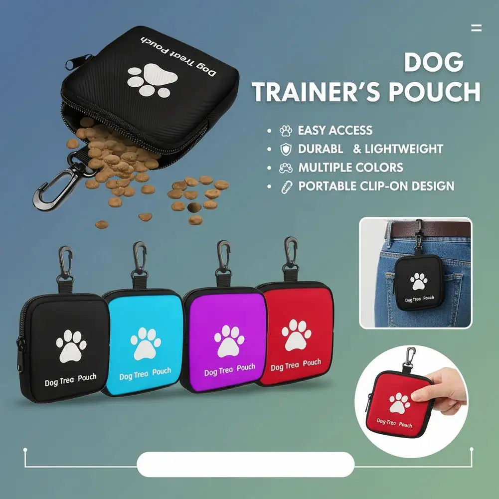A set of colorful portable dog treat pouches with clip-on designs shown next to a black pouch and on a denim shirt.