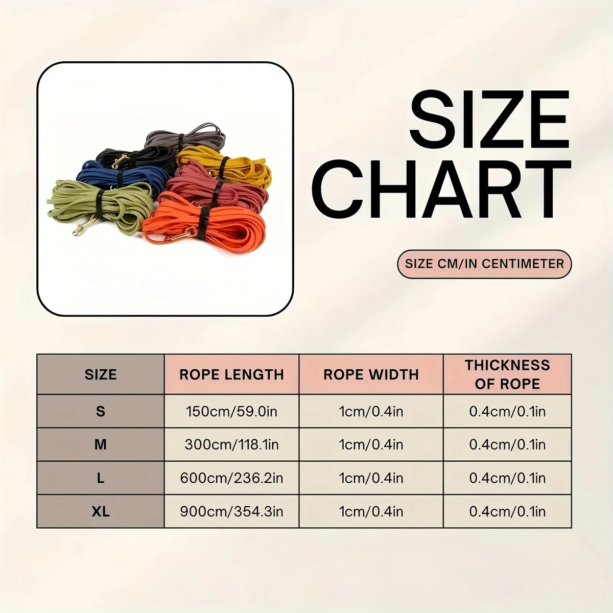 Size chart for heavy-duty waterproof dog leash showing rope lengths and widths for sizes S, M, L, and XL