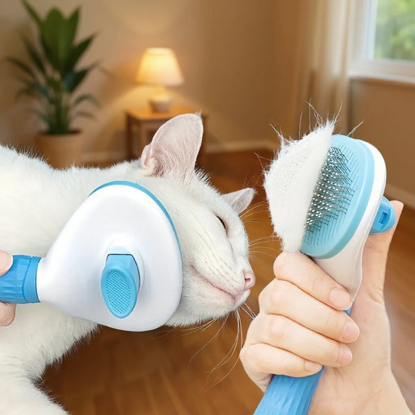 A person is using a white and blue pet grooming comb on a white cat.