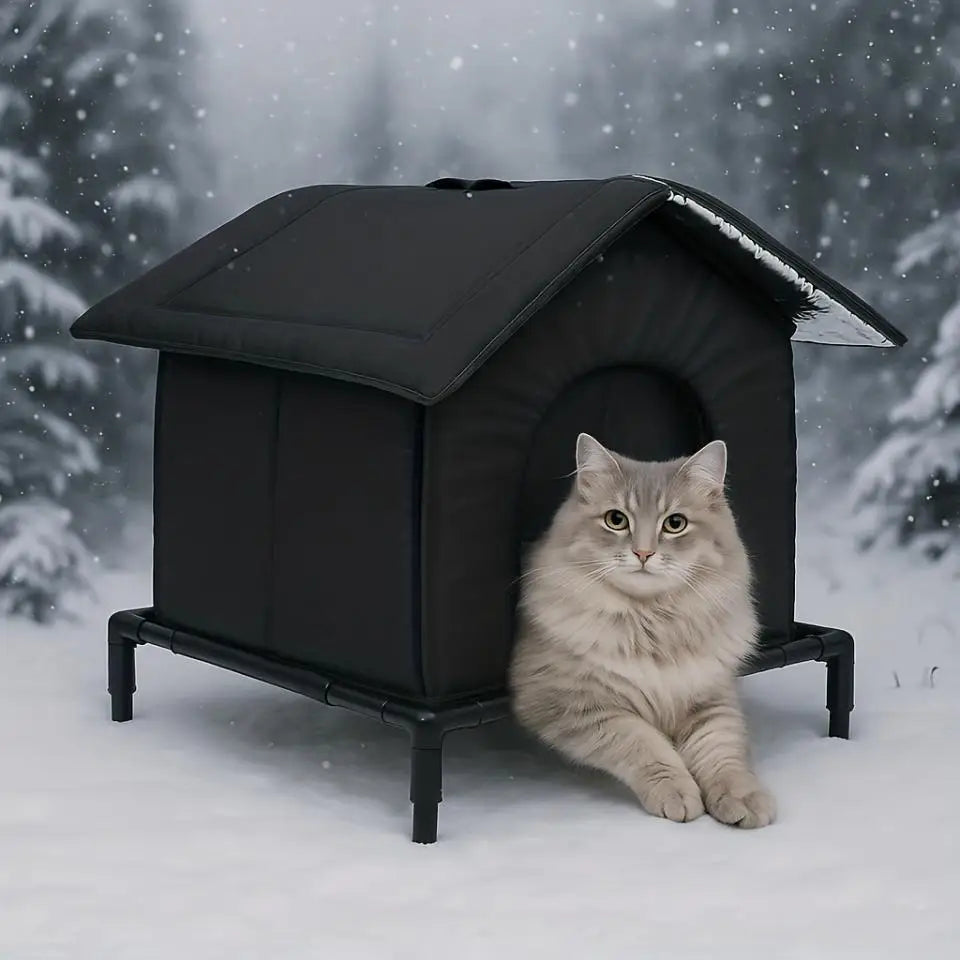 A fluffy gray cat is sitting in a black heated outdoor shelter during a snowy day.