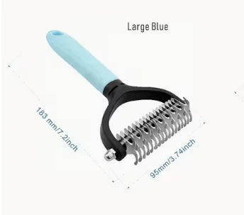 Large blue stainless steel pet grooming comb with a black handle and teeth
