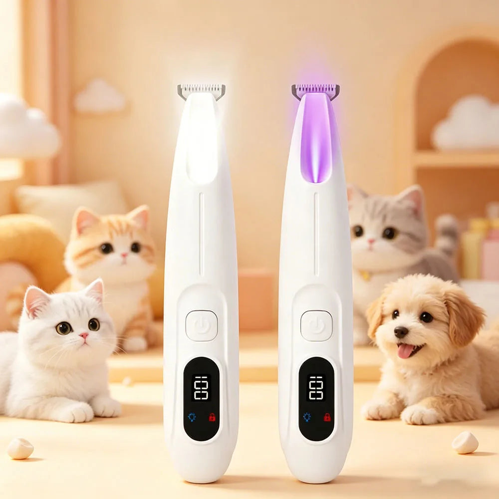 Dos cepillos eléctricos para mascotas blancos junto a gatos y un perro sobre una superficie de madera.