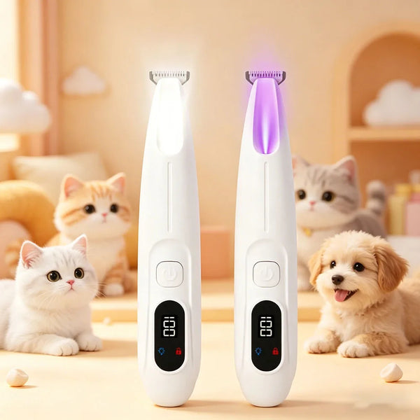 Two white pet electric groomers or trimmers are shown next to cats and a dog on a wooden surface.