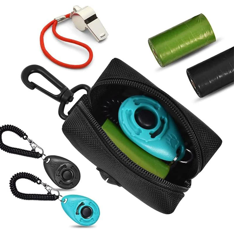 Dispenser for black pet poop bags with green and blue rollable bags and leash attachments
