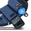A blue and black hands-free dog walking belt with storage pockets and a blue bottle attached.