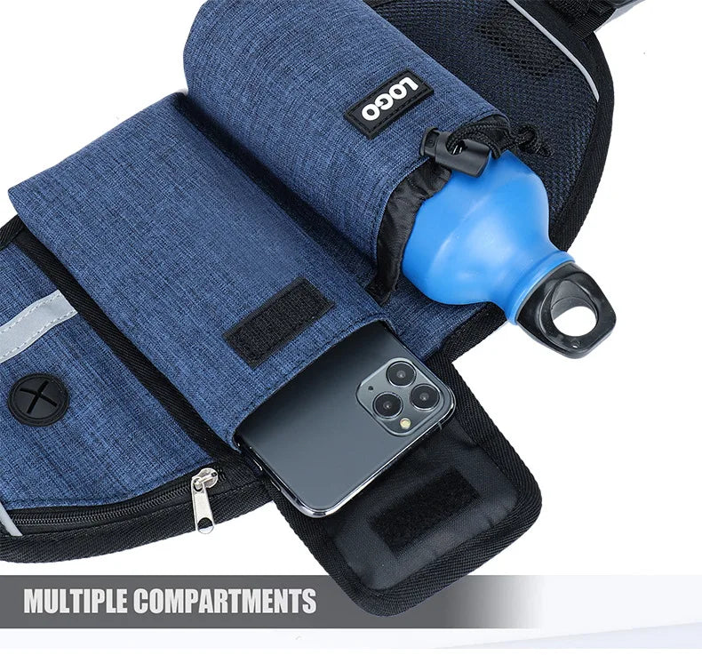 A blue and black hands-free dog walking belt with storage pockets and a blue bottle attached.