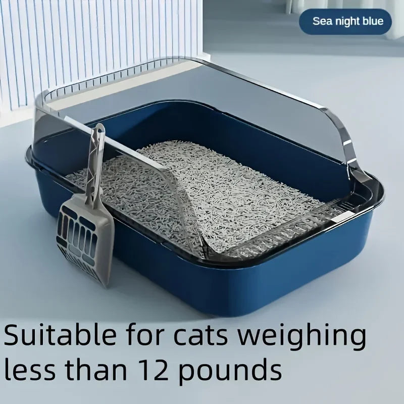 A blue semi-enclosed cat litter box with a splash guard is shown, suitable for weighing cats less than 12 pounds.