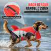 A dog wearing a red and gray life jacket is swimming in water, demonstrating the back rescue handle design.
