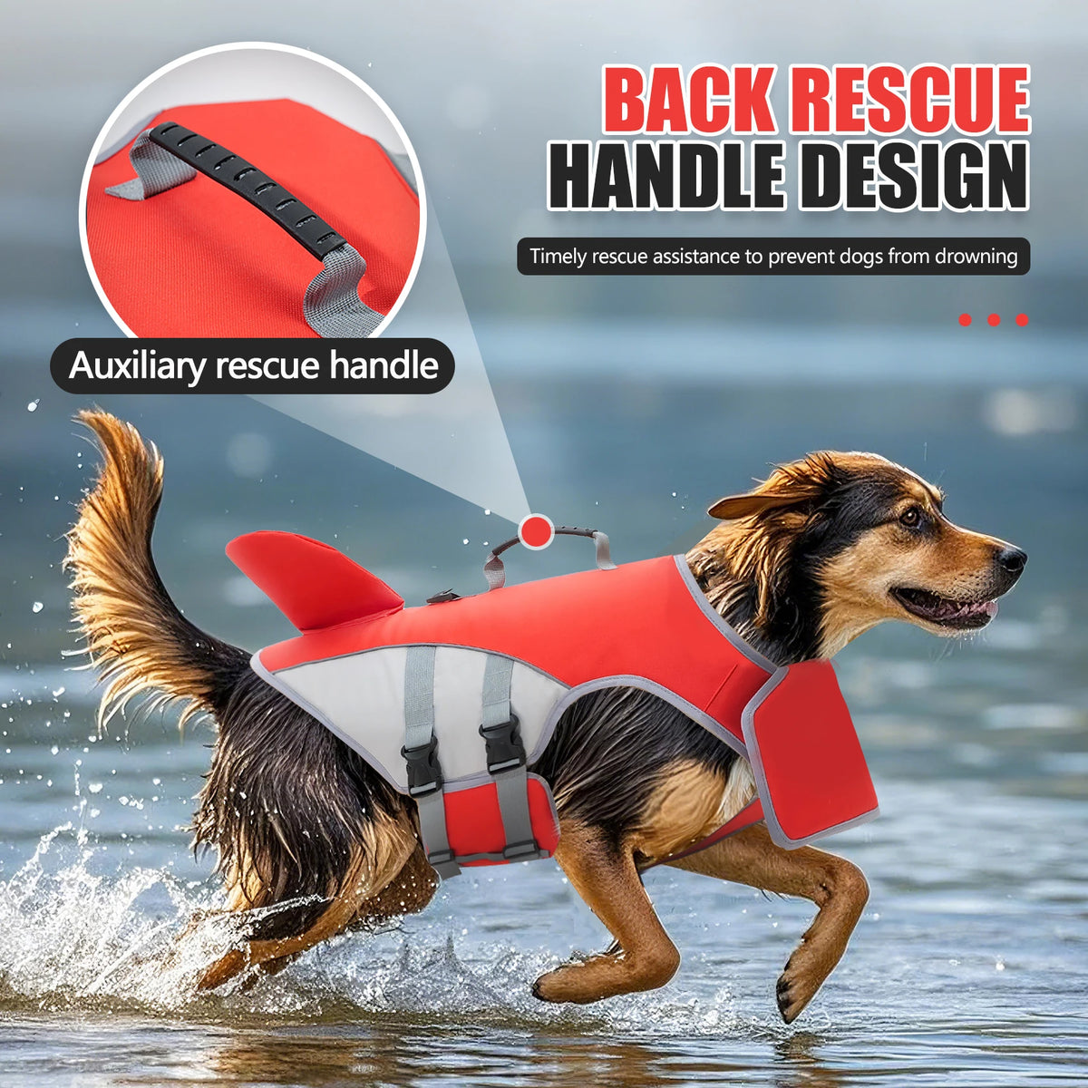 A dog wearing a red and gray life jacket is swimming in water, demonstrating the back rescue handle design.