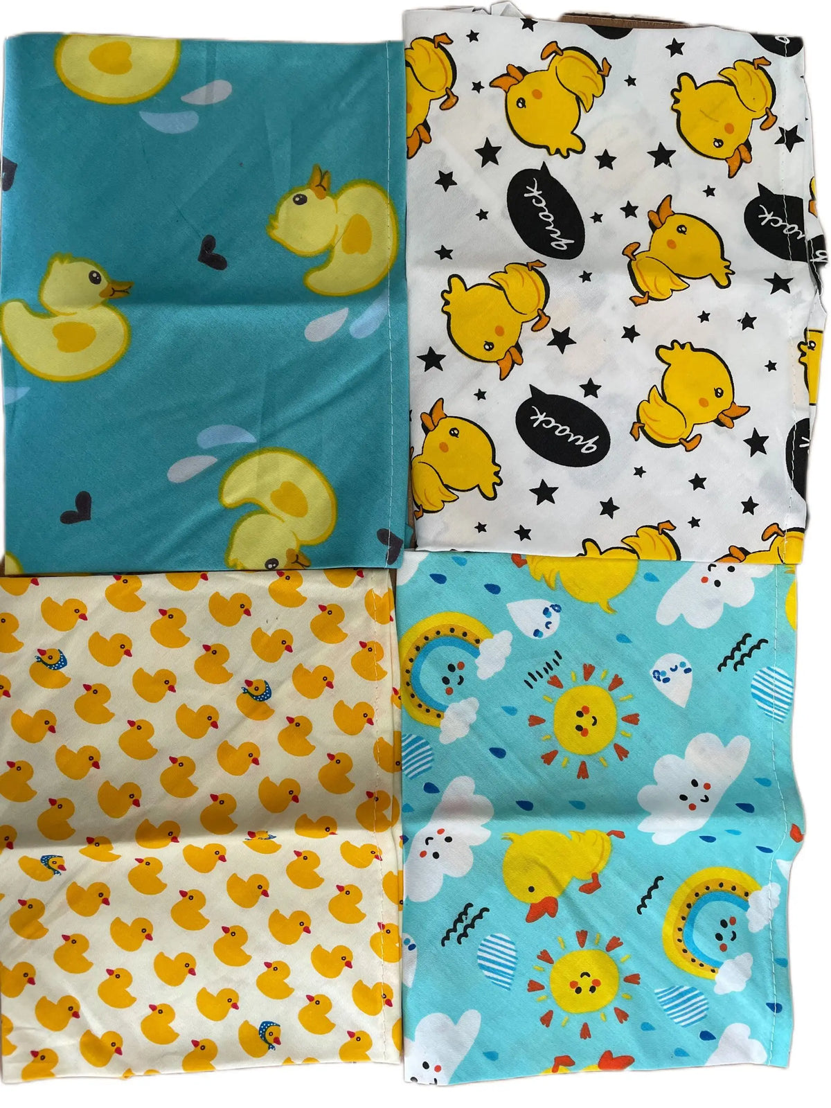 A set of cute cotton pet bandanas featuring yellow chicks and various patterns for dogs and cats.