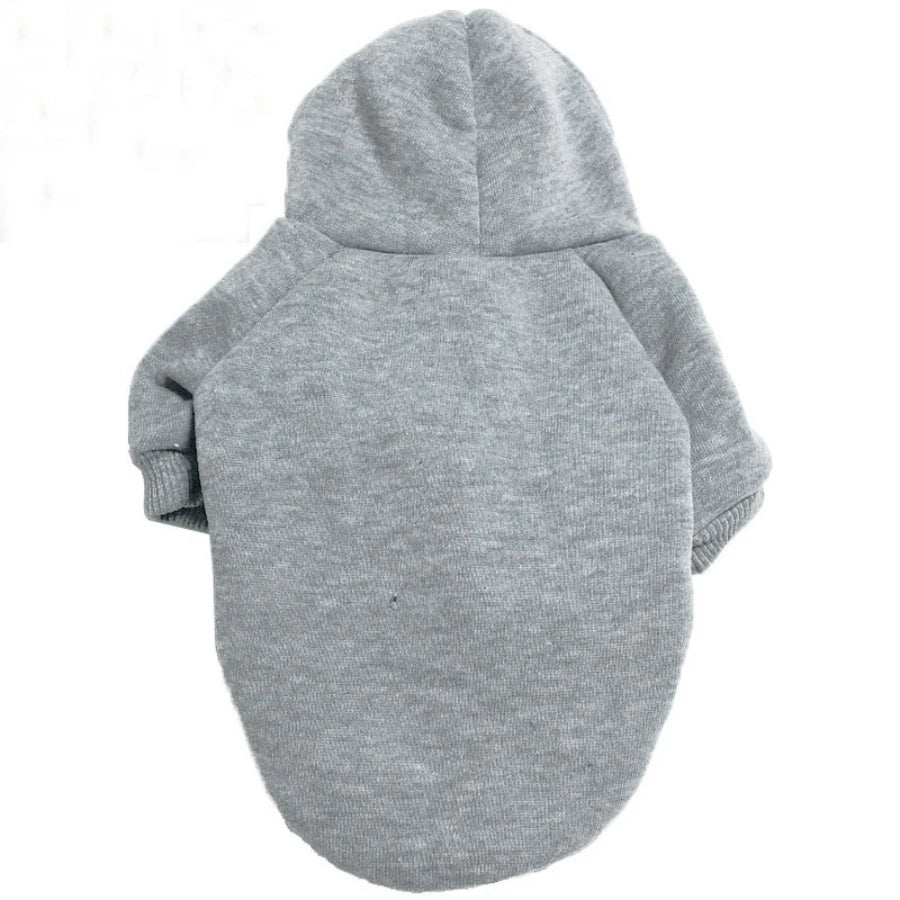 A gray hoodie for dogs with a hood and long sleeves.