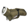 Olive green reflective winter coat for dogs with a white fur trim